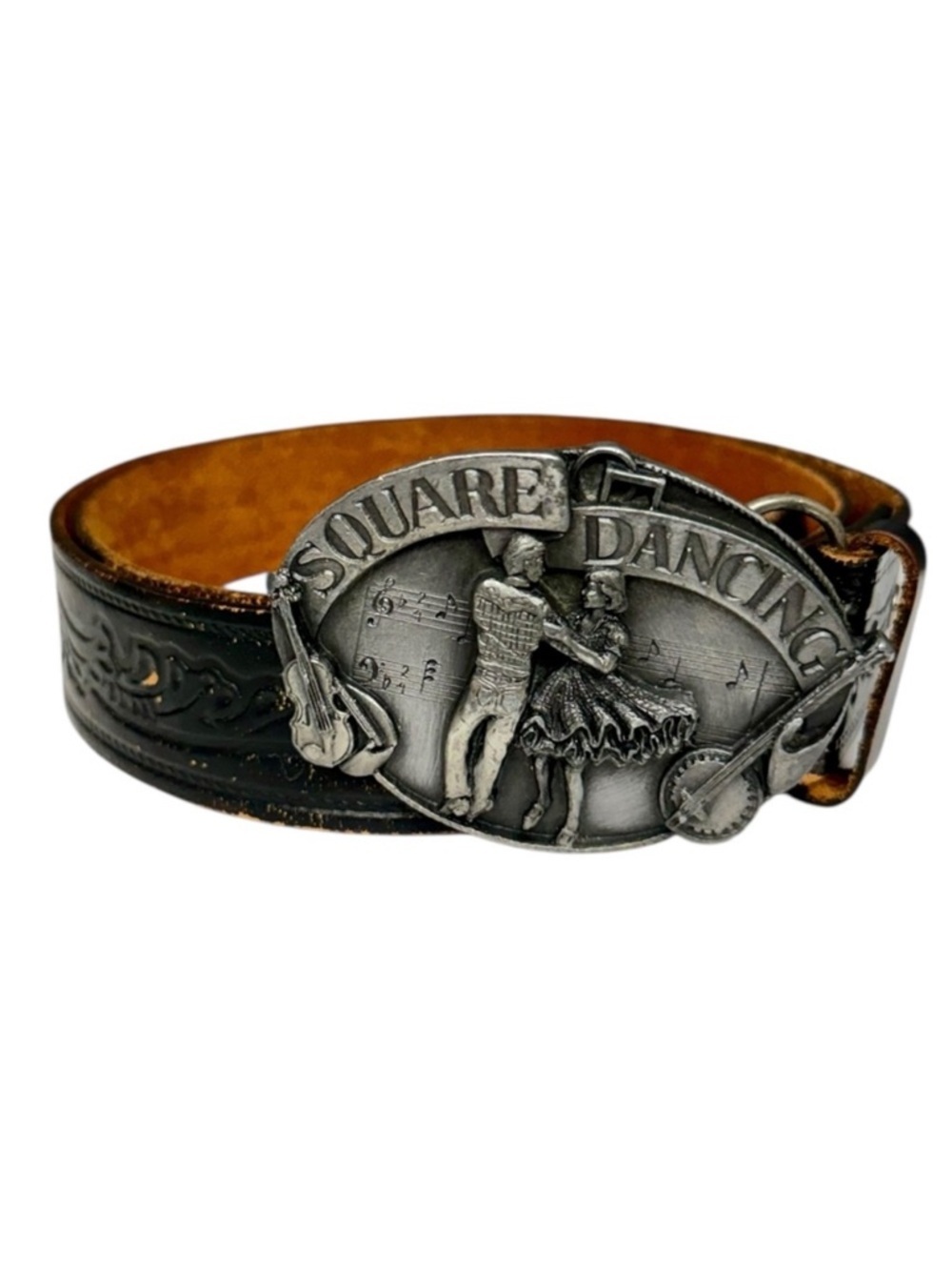 Vintage Siskiyou Black Distressed Leather Belt with Pewter Square Dancing Buckle